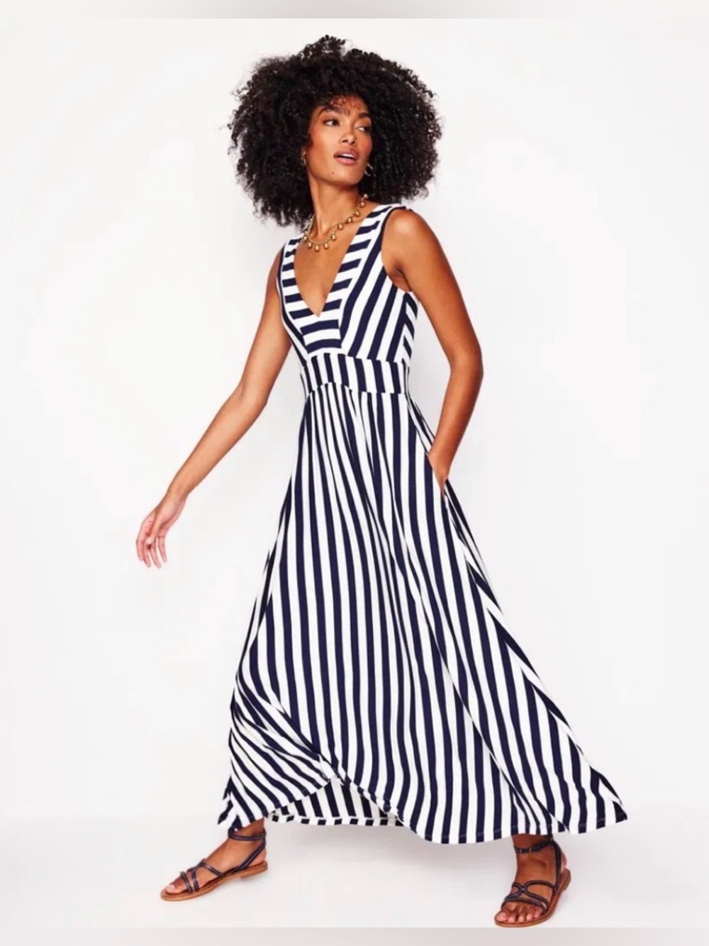 Boden Olympia Navy & White Striped V-Neck Maxi Dress Size 10P Nautical Chic